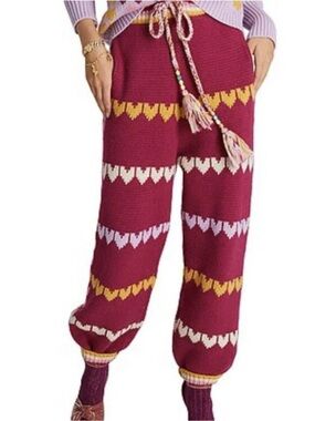 Love Shack Fancy Knit Heart-Striped Maroon Lounge Pants